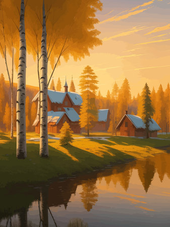 Vector illustration Autumn landscape golden alley park -modern art impressionism abstract landscape, Russian ruralのイラスト素材