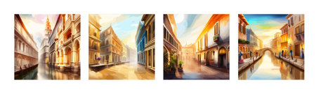 Old town street with water channel Stray vinice background, city landscape view, watercolor drawing, Vector illustration.のイラスト素材