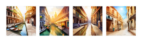 Old town street with water channel Stray vinice background, city landscape view, watercolor drawing, Vector illustration.のイラスト素材