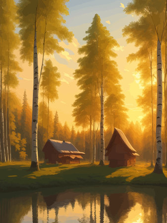 Vector illustration Autumn landscape golden alley park -modern art impressionism abstract landscape, Russian ruralのイラスト素材