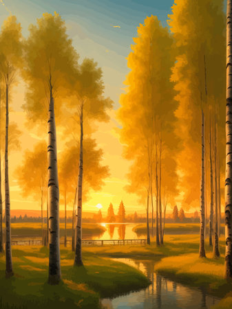 Vector illustration Autumn landscape golden alley park -modern art impressionism abstract landscape, Russian ruralのイラスト素材