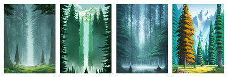 Landscape in scandinavian arctic forest, pine trees and snowy sunset, matte painting vector illustrationの写真素材