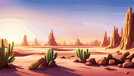 Desert background Summer with sun, sand, clouds, palms Trees Vector design style Nature Landscape.のイラスト素材