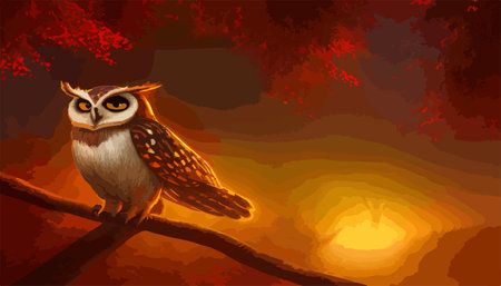 Owl. Realistic bird on dark moon forest background. Dark night background. autumn fairy tale art. Fashion templateのイラスト素材
