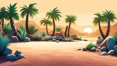 Desert background Summer with sun, sand, clouds, palms Trees Vector design style Nature Landscape.のイラスト素材