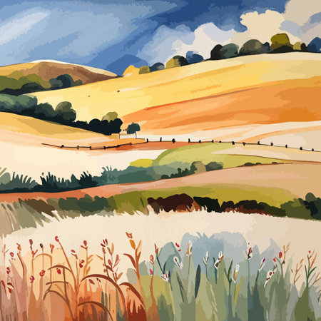 Farm on a hill with yellow or golden wheat field in a watercolor style, agriculture, cultivation, countryside, fieldのイラスト素材