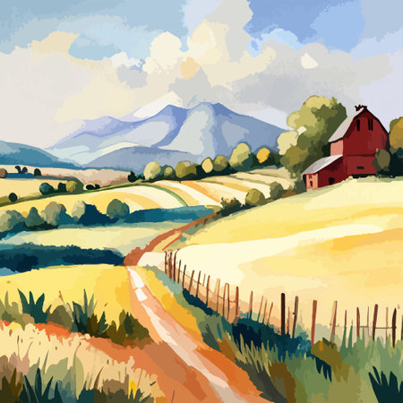 Farm on a hill with yellow or golden wheat field in a watercolor style, agriculture, cultivation, countryside, fieldのイラスト素材