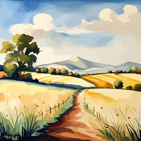 Farm on a hill with yellow or golden wheat field in a watercolor style, agriculture, cultivation, countryside, fieldのイラスト素材