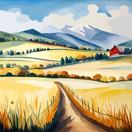 Farm on a hill with yellow or golden wheat field in a watercolor style, agriculture, cultivation, countryside, fieldのイラスト素材