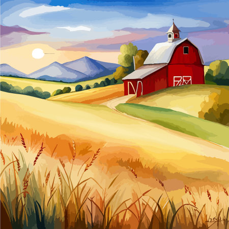 Farm on a hill with yellow or golden wheat field in a watercolor style, agriculture, cultivation, countryside, fieldのイラスト素材