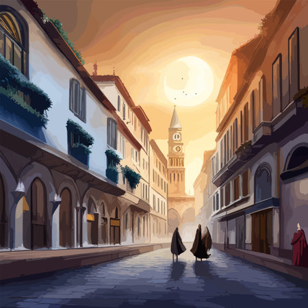 Old town street with water channel Stray vinice background, city landscape view, watercolor drawing, Vector illustration.のイラスト素材
