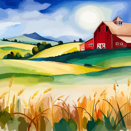 Farm on a hill with yellow or golden wheat field in a watercolor style, agriculture, cultivation, countryside, fieldのイラスト素材