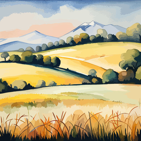 Farm on a hill with yellow or golden wheat field in a watercolor style, agriculture, cultivation, countryside, fieldのイラスト素材