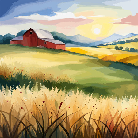 Farm on a hill with yellow or golden wheat field in a watercolor style, agriculture, cultivation, countryside, fieldのイラスト素材