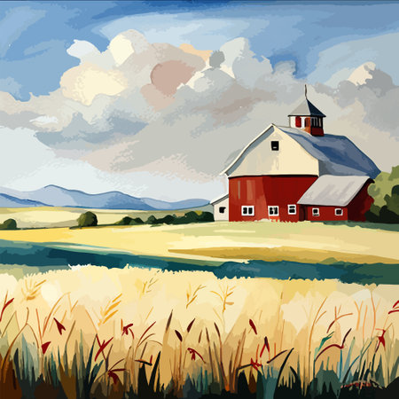 Farm on a hill with yellow or golden wheat field in a watercolor style, agriculture, cultivation, countryside, fieldのイラスト素材