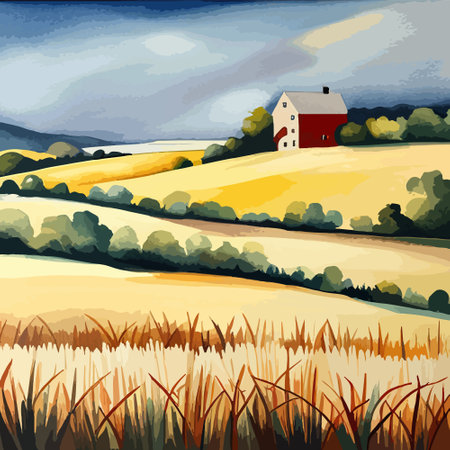 Farm on a hill with yellow or golden wheat field in a watercolor style, agriculture, cultivation, countryside, fieldのイラスト素材