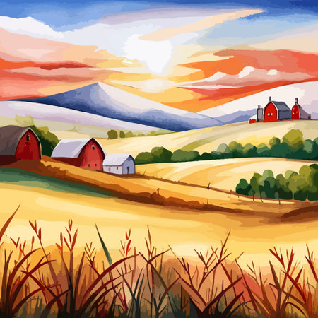 Farm on a hill with yellow or golden wheat field in a watercolor style, agriculture, cultivation, countryside, fieldのイラスト素材