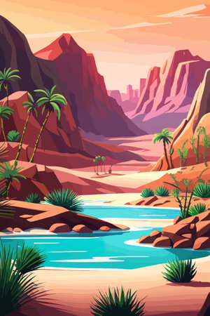 Desert background Summer with sun, sand, clouds, palms Trees Vector design style Nature Landscape.のイラスト素材