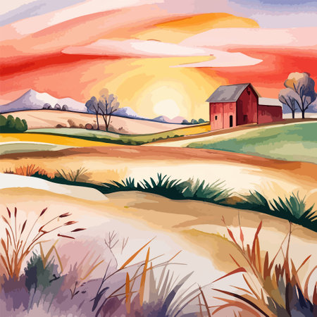 Farm on a hill with yellow or golden wheat field in a watercolor style, agriculture, cultivation, countryside, fieldのイラスト素材