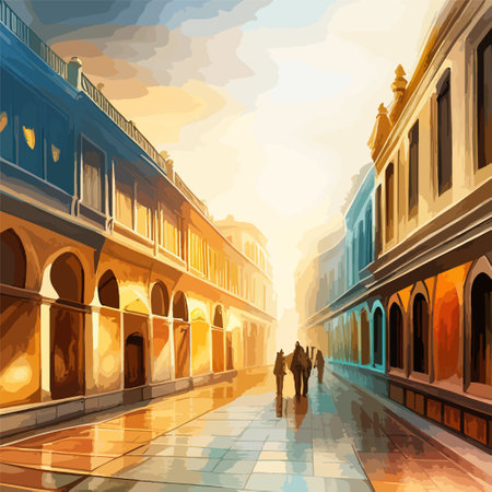 Old town street with water channel Stray vinice background, city landscape view, watercolor drawing, Vector illustration.のイラスト素材