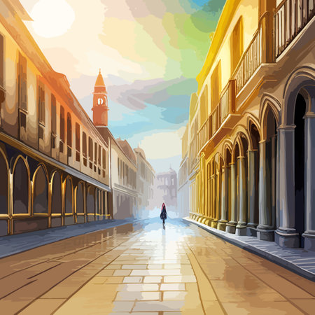 Old town street with water channel Stray vinice background, city landscape view, watercolor drawing, Vector illustration.のイラスト素材