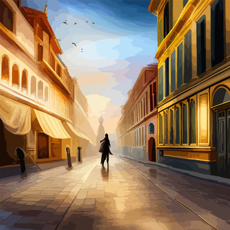 Old town street with water channel Stray vinice background, city landscape view, watercolor drawing, Vector illustration.のイラスト素材