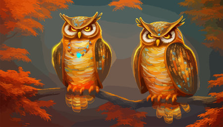 Owl. Realistic bird on dark moon forest background. Dark night background. autumn fairy tale art. Fashion templateのイラスト素材