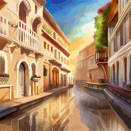 Old town street with water channel Stray vinice background, city landscape view, watercolor drawing, Vector illustration.のイラスト素材