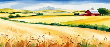 Farm on a hill with yellow or golden wheat field in a watercolor style, agriculture, cultivation, countryside, fieldのイラスト素材