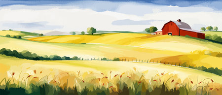 Farm on a hill with yellow or golden wheat field in a watercolor style, agriculture, cultivation, countryside, fieldのイラスト素材