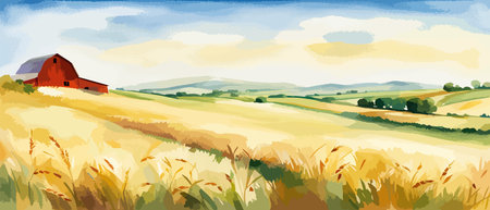 Farm on a hill with yellow or golden wheat field in a watercolor style, agriculture, cultivation, countryside, fieldのイラスト素材
