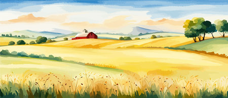 Farm on a hill with yellow or golden wheat field in a watercolor style, agriculture, cultivation, countryside, fieldのイラスト素材