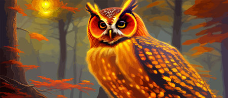 Owl. Realistic bird on dark moon forest background. Dark night background. autumn fairy tale art. Fashion templateのイラスト素材