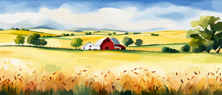 Farm on a hill with yellow or golden wheat field in a watercolor style, agriculture, cultivation, countryside, fieldのイラスト素材