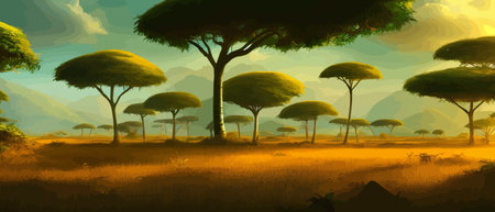 African rainforest. African jungle rainforest panorama with tropical vegetation, exotic fantasy landscape banner vectorのイラスト素材