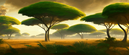 African rainforest. African jungle rainforest panorama with tropical vegetation, exotic fantasy landscape banner vectorのイラスト素材