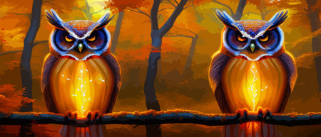 Owl. Realistic bird on dark moon forest background. Dark night background. autumn fairy tale art. Fashion templateのイラスト素材