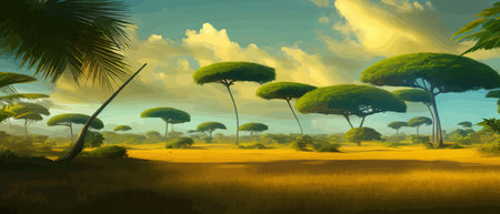 African rainforest. African jungle rainforest panorama with tropical vegetation, exotic fantasy landscape banner vectorのイラスト素材