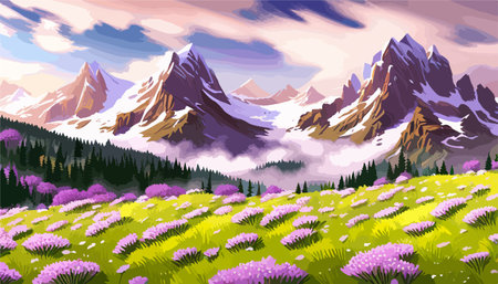 Beautiful fantasy landscape field full of spring, with color, background vector illustration. flowers against backdropのイラスト素材