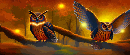 Owl. Realistic bird on dark moon forest background. Dark night background. autumn fairy tale art. Fashion templateのイラスト素材