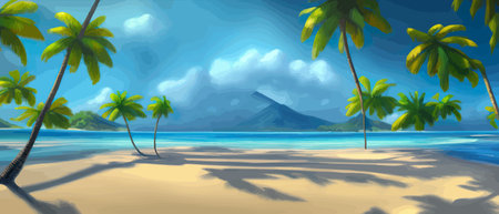 Stunning tropical beach with crystal clear water, palm trees, and blue sky, with copy space. Summer landscapeのイラスト素材