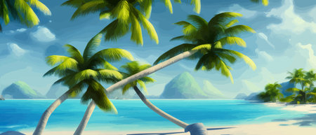 Stunning tropical beach with crystal clear water, palm trees, and blue sky, with copy space. Summer landscapeのイラスト素材