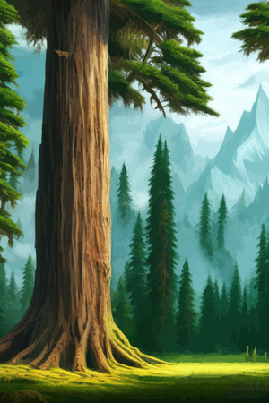 Landscape in scandinavian arctic forest, pine trees and snowy sunset, matte painting vector illustrationのイラスト素材