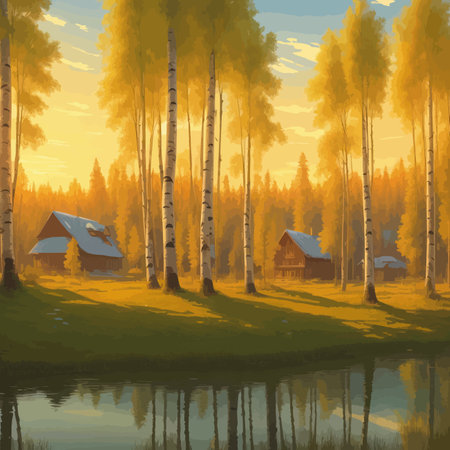 Vector illustration Autumn landscape golden alley park of birches near a pond , contemporary art impressionism abstractのイラスト素材