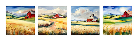 Farm on a hill with yellow or golden wheat field in a watercolor style, agriculture, cultivation, countryside, fieldのイラスト素材