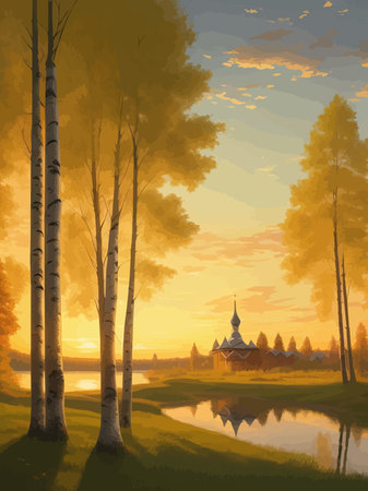 Vector illustration Autumn landscape golden alley park -modern art impressionism abstract landscape, Russian ruralのイラスト素材