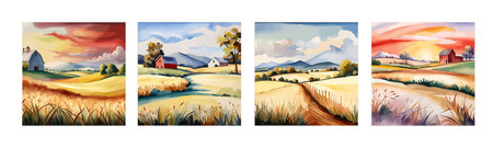 Farm on a hill with yellow or golden wheat field in a watercolor style, agriculture, cultivation, countryside, fieldのイラスト素材