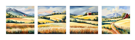 Farm on a hill with yellow or golden wheat field in a watercolor style, agriculture, cultivation, countryside, fieldのイラスト素材