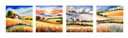 Farm on a hill with yellow or golden wheat field in a watercolor style, agriculture, cultivation, countryside, fieldのイラスト素材