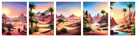 Desert background Summer with sun, sand, clouds, palms Trees Vector design style Nature Landscape.のイラスト素材